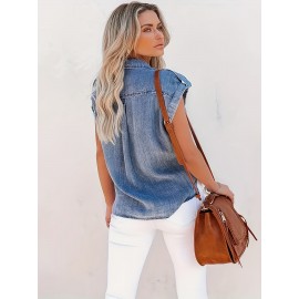 Camisa Elegante de Denim Solta para Mulheres - Manga Curta com Gola Lapela e Abertura Frontal, Barra Assimétrica, Leve para Primavera/Verão, Ajuste Regular, Cor Sólida Não Transparente, Moda Verão, Colarinho Dobrável, Tecido Sem Elasticidade