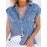 Camisa Elegante de Denim Solta para Mulheres - Manga Curta com Gola Lapela e Abertura Frontal, Barra Assimétrica, Leve para Primavera/Verão, Ajuste Regular, Cor Sólida Não Transparente, Moda Verão, Colarinho Dobrável, Tecido Sem Elasticidade