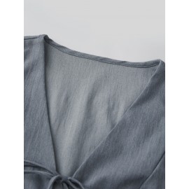 Vestido de ganga com laço na frente para mulheres, slim fit, cor sólida, decote em V, sem mangas, top de tanque de ganga para o verão, estilo streetwear