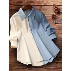Camisa feminina casual com bloco de cores