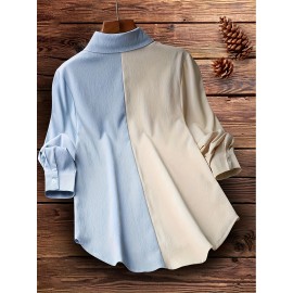 Camisa feminina casual com bloco de cores
