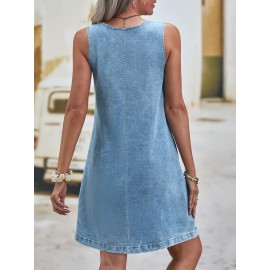 Vestido de ganga feminino sem mangas, até ao joelho, corte reto, casual, verão, estilo, uso diário