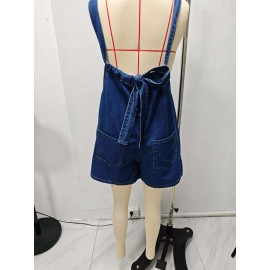 Macacão de Denim Feminino Não Elástico - Alças Finas Ajustáveis com Costas, Calça Folgada para Eventos Casuais e Formais - Lavável na Máquina, Estilo Elegante do Dia a Dia, Detalhes Sofisticados, Moda Verão, Costura de Qualidade, Fashion Feminina