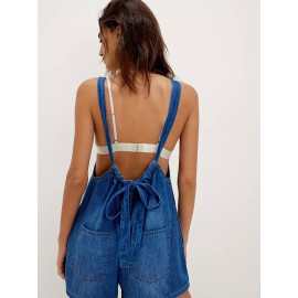 Macacão de Denim Feminino Não Elástico - Alças Finas Ajustáveis com Costas, Calça Folgada para Eventos Casuais e Formais - Lavável na Máquina, Estilo Elegante do Dia a Dia, Detalhes Sofisticados, Moda Verão, Costura de Qualidade, Fashion Feminina