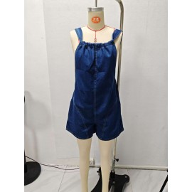 Macacão de Denim Feminino Não Elástico - Alças Finas Ajustáveis com Costas, Calça Folgada para Eventos Casuais e Formais - Lavável na Máquina, Estilo Elegante do Dia a Dia, Detalhes Sofisticados, Moda Verão, Costura de Qualidade, Fashion Feminina