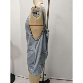 Macacão de Denim Feminino Não Elástico - Alças Finas Ajustáveis com Costas, Calça Folgada para Eventos Casuais e Formais - Lavável na Máquina, Estilo Elegante do Dia a Dia, Detalhes Sofisticados, Moda Verão, Costura de Qualidade, Fashion Feminina