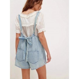 Macacão de Denim Feminino Não Elástico - Alças Finas Ajustáveis com Costas, Calça Folgada para Eventos Casuais e Formais - Lavável na Máquina, Estilo Elegante do Dia a Dia, Detalhes Sofisticados, Moda Verão, Costura de Qualidade, Fashion Feminina
