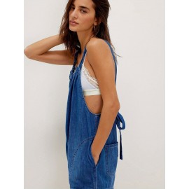 Macacão de Denim Feminino Não Elástico - Alças Finas Ajustáveis com Costas, Calça Folgada para Eventos Casuais e Formais - Lavável na Máquina, Estilo Elegante do Dia a Dia, Detalhes Sofisticados, Moda Verão, Costura de Qualidade, Fashion Feminina