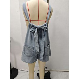Macacão de Denim Feminino Não Elástico - Alças Finas Ajustáveis com Costas, Calça Folgada para Eventos Casuais e Formais - Lavável na Máquina, Estilo Elegante do Dia a Dia, Detalhes Sofisticados, Moda Verão, Costura de Qualidade, Fashion Feminina