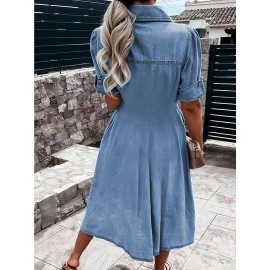 Vestido Jeans Clássico Feminino com Botões - Corte Estruturado, Lavável na Máquina, Estilo Urbano e Versátil para Uso Diário ou Formal, Tecido Durável, Ideal para Escritório, Tamanho Unissex
