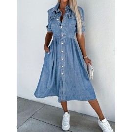 Vestido Jeans Clássico Feminino com Botões - Corte Estruturado, Lavável na Máquina, Estilo Urbano e Versátil para Uso Diário ou Formal, Tecido Durável, Ideal para Escritório, Tamanho Unissex