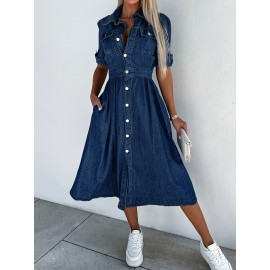 Vestido Jeans Clássico Feminino com Botões - Corte Estruturado, Lavável na Máquina, Estilo Urbano e Versátil para Uso Diário ou Formal, Tecido Durável, Ideal para Escritório, Tamanho Unissex