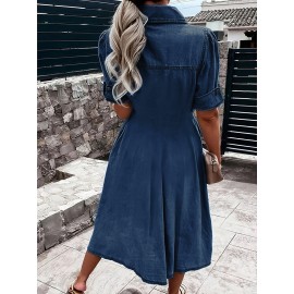Vestido Jeans Clássico Feminino com Botões - Corte Estruturado, Lavável na Máquina, Estilo Urbano e Versátil para Uso Diário ou Formal, Tecido Durável, Ideal para Escritório, Tamanho Unissex