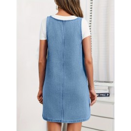 Vestido de Denim Vintage Sem Mangas para Mulheres com Bolsos - Vestido Mini Folgado, Alças Ajustáveis e Bolsos Laterais, Tecido Não Elástico, Lavável em Máquina, Look Casual Primavera/Verão