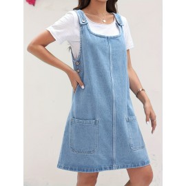 Vestido de Denim Vintage Sem Mangas para Mulheres com Bolsos - Vestido Mini Folgado, Alças Ajustáveis e Bolsos Laterais, Tecido Não Elástico, Lavável em Máquina, Look Casual Primavera/Verão