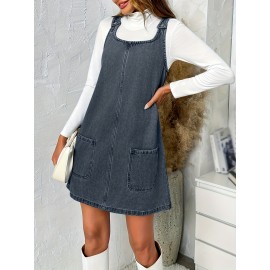 Vestido de Denim Vintage Sem Mangas para Mulheres com Bolsos - Vestido Mini Folgado, Alças Ajustáveis e Bolsos Laterais, Tecido Não Elástico, Lavável em Máquina, Look Casual Primavera/Verão