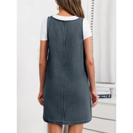 Vestido de Denim Vintage Sem Mangas para Mulheres com Bolsos - Vestido Mini Folgado, Alças Ajustáveis e Bolsos Laterais, Tecido Não Elástico, Lavável em Máquina, Look Casual Primavera/Verão