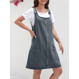 Vestido de Denim Vintage Sem Mangas para Mulheres com Bolsos - Vestido Mini Folgado, Alças Ajustáveis e Bolsos Laterais, Tecido Não Elástico, Lavável em Máquina, Look Casual Primavera/Verão