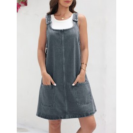 Vestido de Denim Vintage Sem Mangas para Mulheres com Bolsos - Vestido Mini Folgado, Alças Ajustáveis e Bolsos Laterais, Tecido Não Elástico, Lavável em Máquina, Look Casual Primavera/Verão