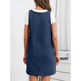 Vestido de Denim Vintage Sem Mangas para Mulheres com Bolsos - Vestido Mini Folgado, Alças Ajustáveis e Bolsos Laterais, Tecido Não Elástico, Lavável em Máquina, Look Casual Primavera/Verão