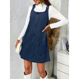 Vestido de Denim Vintage Sem Mangas para Mulheres com Bolsos - Vestido Mini Folgado, Alças Ajustáveis e Bolsos Laterais, Tecido Não Elástico, Lavável em Máquina, Look Casual Primavera/Verão