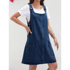 Vestido de Denim Vintage Sem Mangas para Mulheres com Bolsos - Vestido Mini Folgado, Alças Ajustáveis e Bolsos Laterais, Tecido Não Elástico, Lavável em Máquina, Look Casual Primavera/Verão