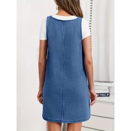 Vestido de Denim Vintage Sem Mangas para Mulheres com Bolsos - Vestido Mini Folgado, Alças Ajustáveis e Bolsos Laterais, Tecido Não Elástico, Lavável em Máquina, Look Casual Primavera/Verão
