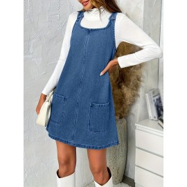 Vestido de Denim Vintage Sem Mangas para Mulheres com Bolsos - Vestido Mini Folgado, Alças Ajustáveis e Bolsos Laterais, Tecido Não Elástico, Lavável em Máquina, Look Casual Primavera/Verão