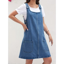 Vestido de Denim Vintage Sem Mangas para Mulheres com Bolsos - Vestido Mini Folgado, Alças Ajustáveis e Bolsos Laterais, Tecido Não Elástico, Lavável em Máquina, Look Casual Primavera/Verão
