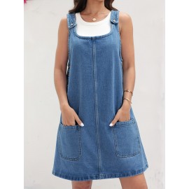 Vestido de Denim Vintage Sem Mangas para Mulheres com Bolsos - Vestido Mini Folgado, Alças Ajustáveis e Bolsos Laterais, Tecido Não Elástico, Lavável em Máquina, Look Casual Primavera/Verão