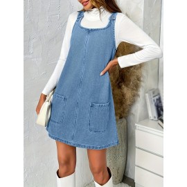 Vestido de Denim Vintage Sem Mangas para Mulheres com Bolsos - Vestido Mini Folgado, Alças Ajustáveis e Bolsos Laterais, Tecido Não Elástico, Lavável em Máquina, Look Casual Primavera/Verão