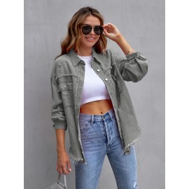 Jaquetas de Denim Europeias e Americanas, Jaquetas Folgadas Unicolor, Camisas de Denim Femininas com Mangas Longas Perfuradas