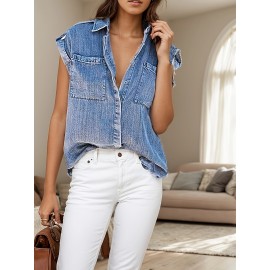 Camisa de ganga sem mangas para mulher - Manga curta casual com bolsos, fecho de botão adequado para o verão e uso diário, versátil e elegante