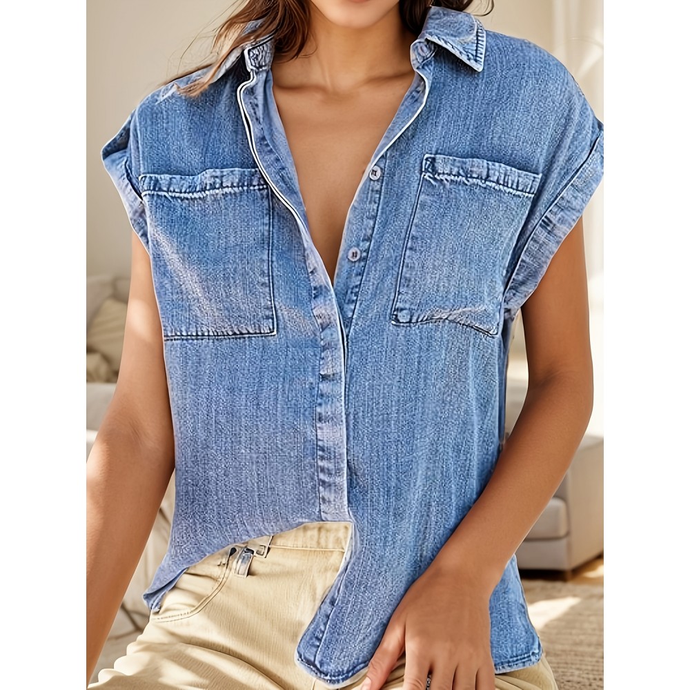 Camisa de ganga sem mangas para mulher - Manga curta casual com bolsos, fecho de botão adequado para o verão e uso diário, versátil e elegante