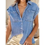 Camisa de ganga sem mangas para mulher - Manga curta casual com bolsos, fecho de botão adequado para o verão e uso diário, versátil e elegante