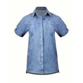 Camisa de ganga sem mangas para mulher - Manga curta casual com bolsos, fecho de botão adequado para o verão e uso diário, versátil e elegante