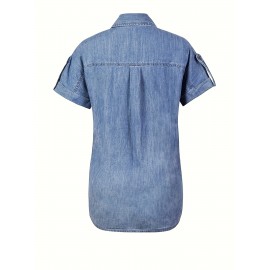 Camisa de ganga sem mangas para mulher - Manga curta casual com bolsos, fecho de botão adequado para o verão e uso diário, versátil e elegante