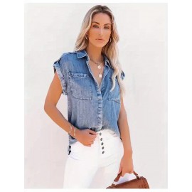 Camisa de ganga sem mangas para mulher - Manga curta casual com bolsos, fecho de botão adequado para o verão e uso diário, versátil e elegante