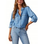 Camisas femininas de botão em brim com gola, blusas casuais de manga comprida com bolsos.