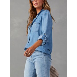 Camisas femininas de botão em brim com gola, blusas casuais de manga comprida com bolsos.