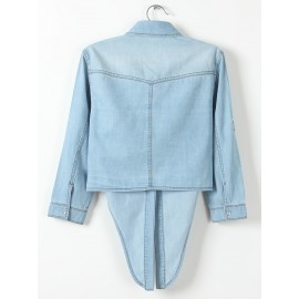 Blusa Feminina de Manga Longa com Estampa Jeans - Blusa com Botões e Punhos, Tecido Não Transparente para Looks Casuais e Formais - Lavável em Máquina, Top Versátil para Primavera/Verão, Material Durável, Design Moderno