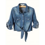Blusa Feminina de Manga Longa com Estampa Jeans - Blusa com Botões e Punhos, Tecido Não Transparente para Looks Casuais e Formais - Lavável em Máquina, Top Versátil para Primavera/Verão, Material Durável, Design Moderno