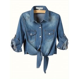 Blusa Feminina de Manga Longa com Estampa Jeans - Blusa com Botões e Punhos, Tecido Não Transparente para Looks Casuais e Formais - Lavável em Máquina, Top Versátil para Primavera/Verão, Material Durável, Design Moderno