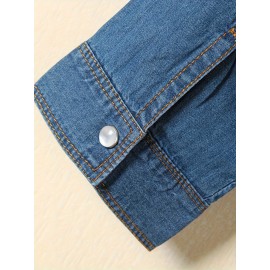 Blusa Feminina de Manga Longa com Estampa Jeans - Blusa com Botões e Punhos, Tecido Não Transparente para Looks Casuais e Formais - Lavável em Máquina, Top Versátil para Primavera/Verão, Material Durável, Design Moderno