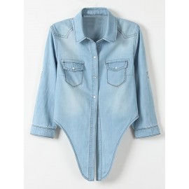 Blusa Feminina de Manga Longa com Estampa Jeans - Blusa com Botões e Punhos, Tecido Não Transparente para Looks Casuais e Formais - Lavável em Máquina, Top Versátil para Primavera/Verão, Material Durável, Design Moderno