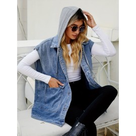 Top de Denim sem mangas com capuz e bolsos