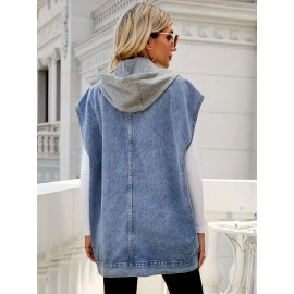 Top de Denim sem mangas com capuz e bolsos