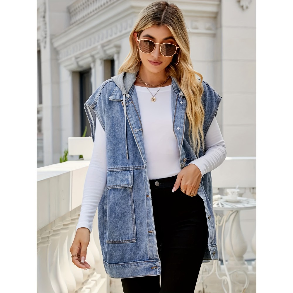 Top de Denim sem mangas com capuz e bolsos