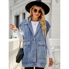 Top de Denim sem mangas com capuz e bolsos