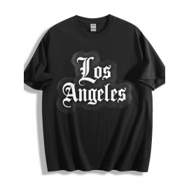 Camiseta Masculina Estampa Los Angeles Font Gótica - Branca, Casual Streetwear Essencial para o Verão, Corte Regular Lavável na Máquina, Camiseta Goth, Roupa Urbana, Tecido Respirável e Durável